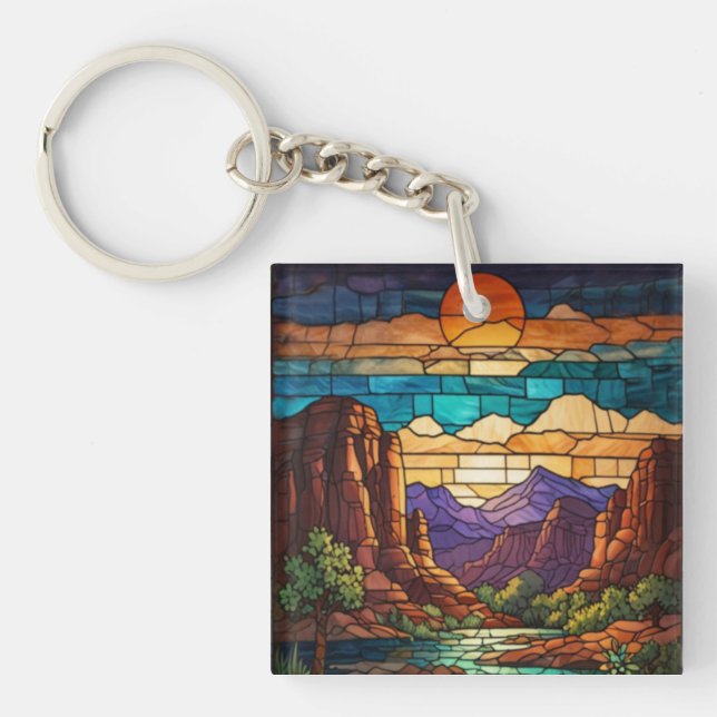 Retro desert scene Sedona mountains stainglass art Key Ring (Front)