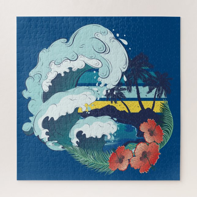 Retro design of beach, palm trees and ocean waves jigsaw puzzle (Vertical)
