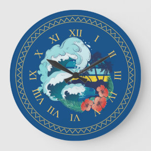 Retro design of beach, palm trees and ocean waves large clock