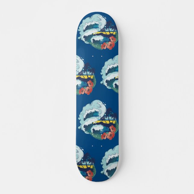 Retro design of beach, palm trees and ocean waves skateboard (Front)