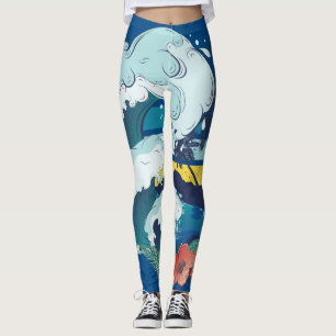 Retro design of beach, palm trees and sea waves leggings