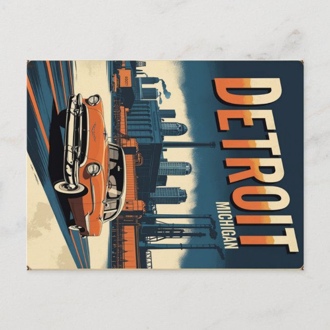 Retro Detroit Industrial City with Classic Car Postcard (Front)