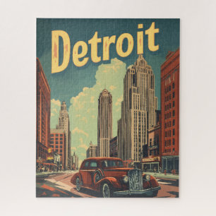 Retro Detroit Michigan Travel Poster Jigsaw Puzzle