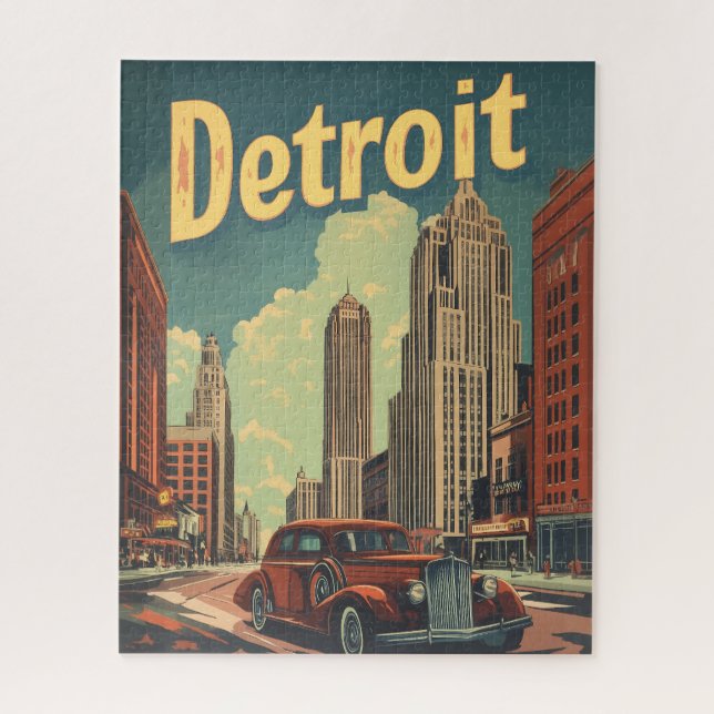 Retro Detroit Michigan Travel Poster Jigsaw Puzzle (Vertical)