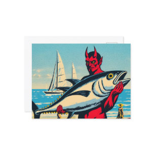Retro Devil With A Tunafish on the Beach Postcard