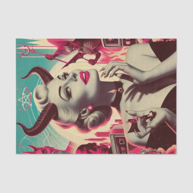 Retro Devilish Woman Collage Tissue Paper (Front)