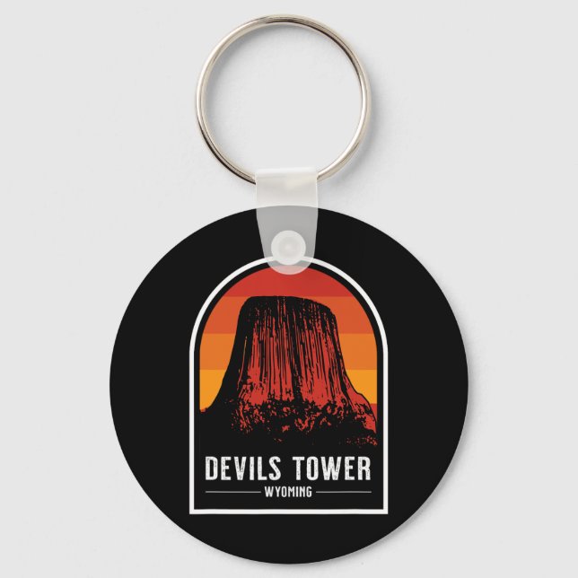 Retro Devils Tower National Monument Wyoming Hikin Key Ring (Front)