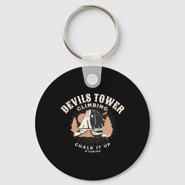 Retro Devils Tower Wyoming Mountain Rock Climbing  Key Ring (Front)