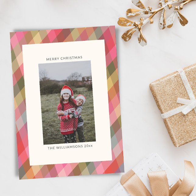 Retro Diagonal Christmas Plaid Cute Preppy Photo  Holiday Card (Creator Uploaded)