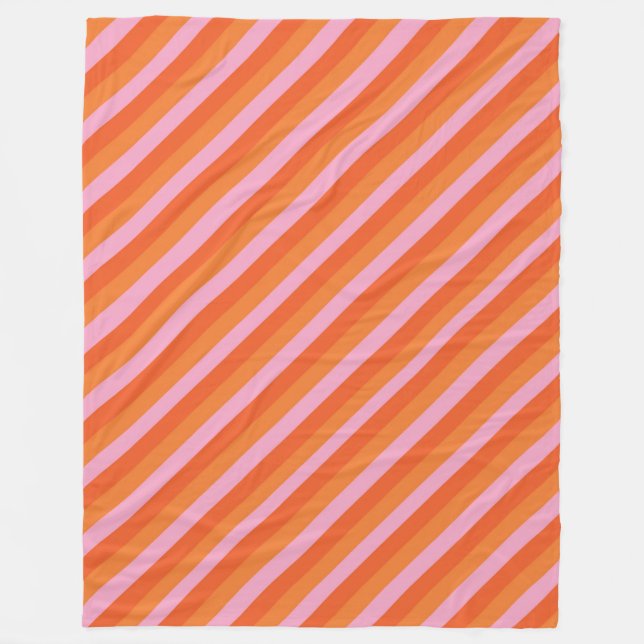 Retro Diagonal Orange and Pink Striped Fleece Blan Blanket (Front)