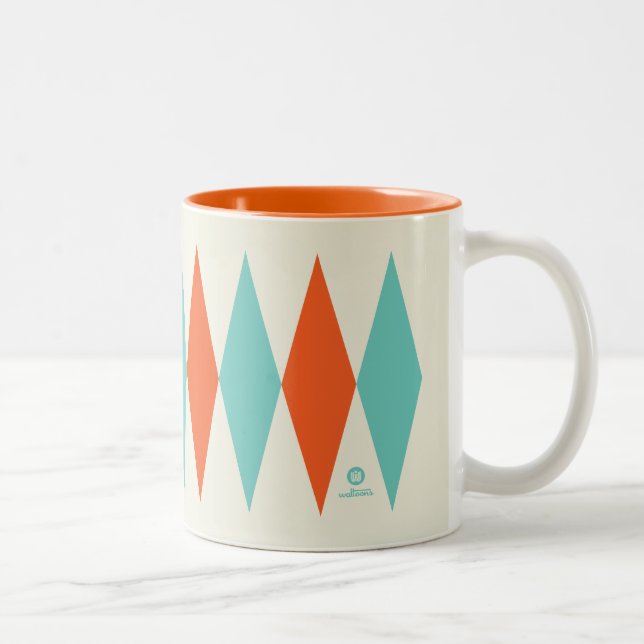 Retro Diamond Pattern Aqua and Orange Two-Tone Coffee Mug (Right)