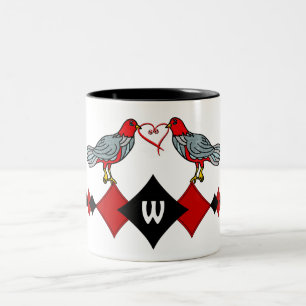 Retro Diamonds, Birds and Heart Worms_Monogrammed Two-Tone Coffee Mug