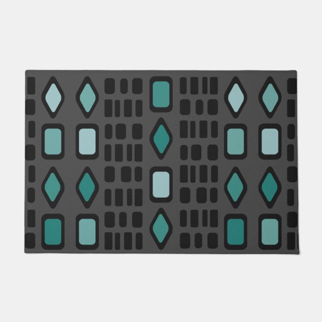 Retro Diamonds Rectangles Black Turquoise Doormat (Front)