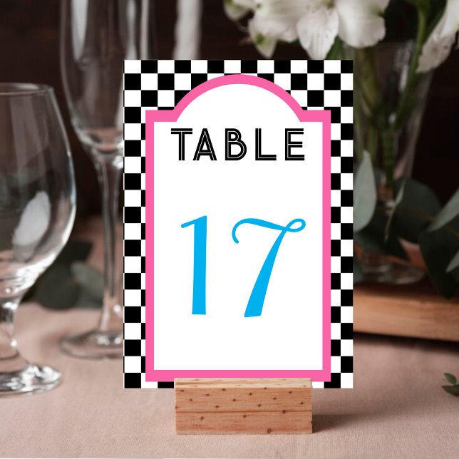 Retro Diner Chequerboard Pink Blue Black & White Table Number (Retro Diner Checkerboard Pink Blue Black & White Table Number)