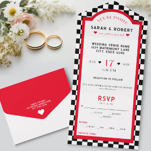 Retro Diner Chequerboard Red Black & White Wedding All In One Invitation