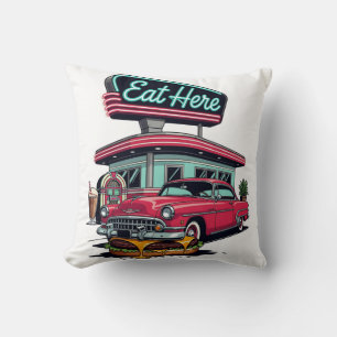 Retro Diner Eat Here Classic Car Burger T-Shirt Cushion