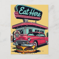 Retro Diner Eat Here Classic Car Burger T-Shirt