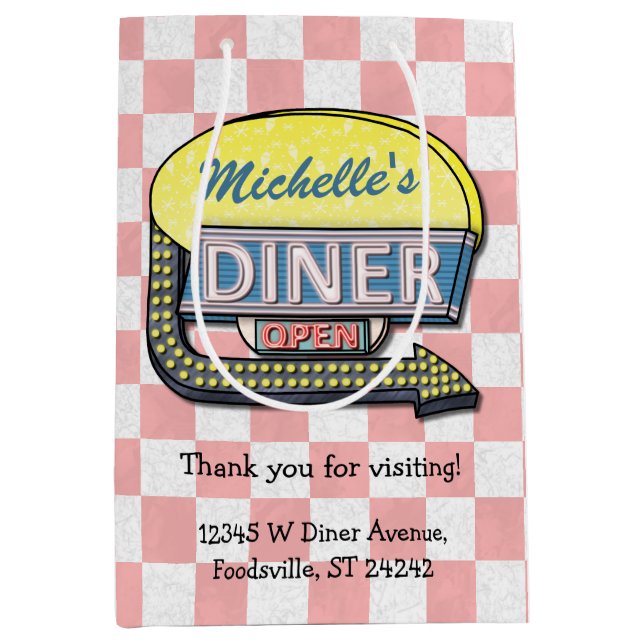 Retro Diner Sign 50s Pink Chequered Personalised Medium Gift Bag (Front)