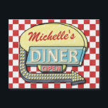 Retro Diner Sign 50s Red Chequered Personalised<br><div class="desc">This cool, retro 50s diner sign artwork can be easily personalised with your own name. The background is a slightly-distressed red-and-white chequered pattern, and the 1950s-style sign on top says DINER and OPEN in neon with space for your first or last name at the top. The sign also has an...</div>