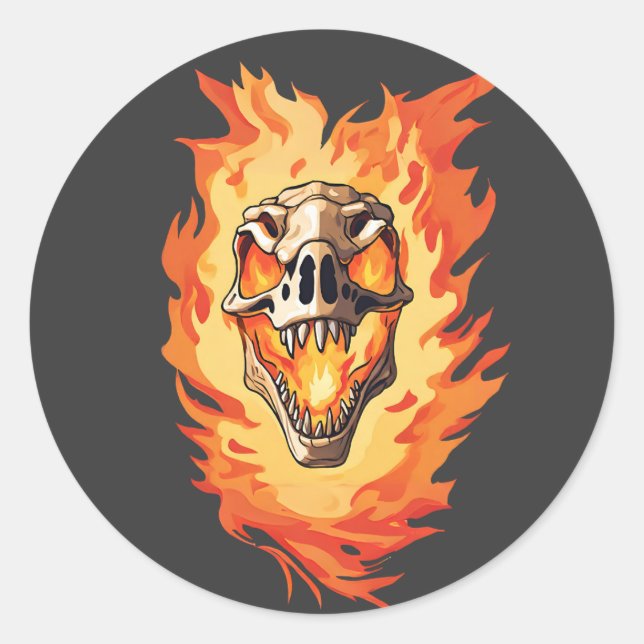  Retro Dinosaur Dead Burning Skull in Fire  Classic Round Sticker (Front)