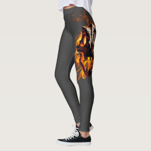  Retro Dinosaur Dead Burning Skull in Fire  Leggings