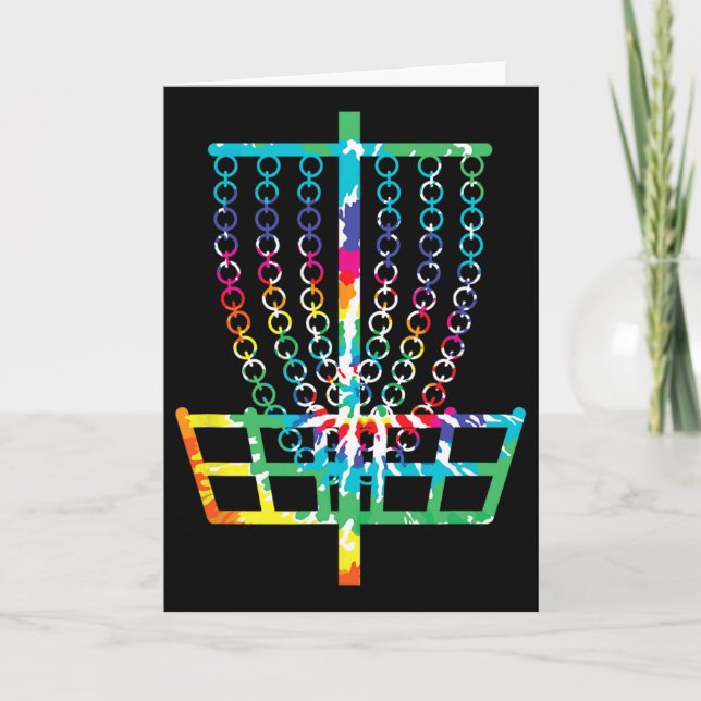 Retro Disc Golf Basket Hippie Rainbow Tie Dye Disc Card (Front)