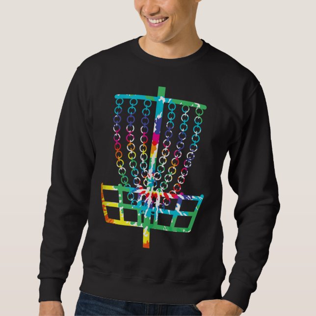 Retro Disc Golf Basket Hippie Rainbow Tie Dye Disc Sweatshirt (Front)