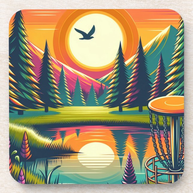 Retro Disc Golf Sunset and Trees Coaster (Front)