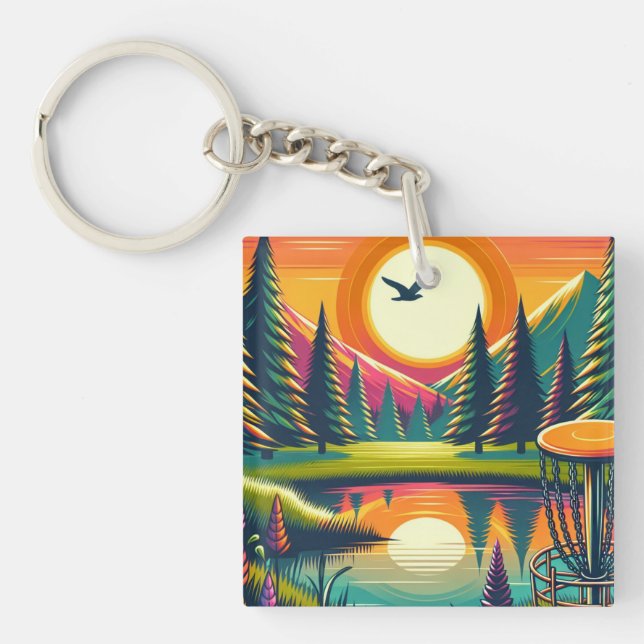 Retro Disc Golf Sunset and Trees Key Ring (Front)