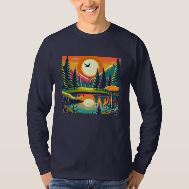 Retro Disc Golf Sunset and Trees T-Shirt (Front)