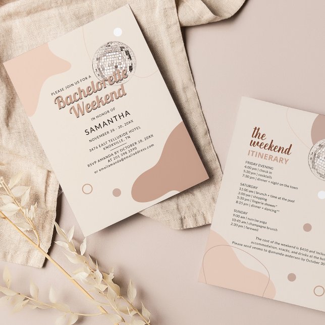 Retro Disco 70s Bachelorette Weekend Itinerary Invitation (Disco Bachelorette Invitation with Weekend Itinerary)