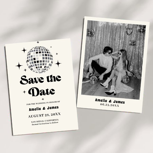 Retro Disco Ball Black White Save The Date Wedding Invitation (Creator Uploaded)