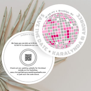 Retro Disco Ball Pink and Grey Round Wedding Save The Date