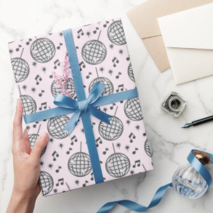 Retro Disco Ball Pink Musical Note Wrapping Paper