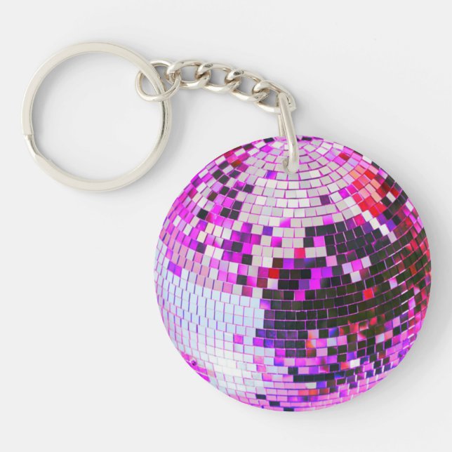 Retro disco ball sparkle glitter pink birthday key ring (Front)