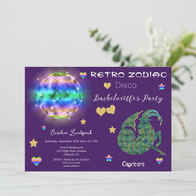 Retro Disco Capricorn Zodiac Sign Bachelorette Invitation (Standing Front)