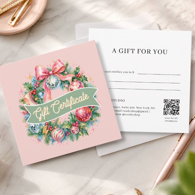 Retro Disco Christmas Wreath QR Code Gift Card (Retro Disco Christmas Wreath QR Code Pink Gift Certificate)