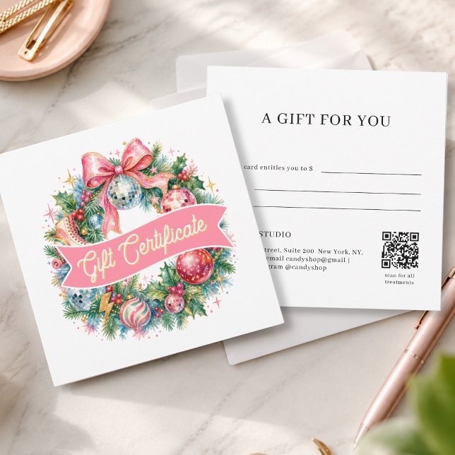 Retro Disco Christmas Wreath  QR Code Gift Card (Retro Disco Christmas Wreath QR Code White Gift Certificate)