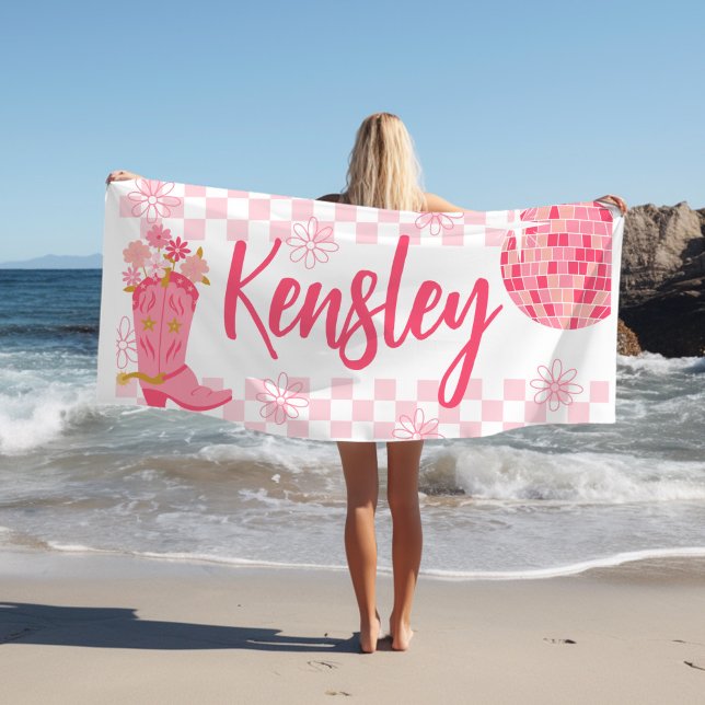 Retro Disco Cowgirl Style Personalised Beach Towel (retro disco cowgirl personalized beach towel, checker beach towel pink disco ball with boot )