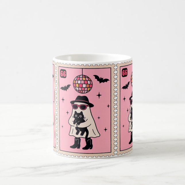 Retro Disco Ghost with Black Cat Halloween Stamp Coffee Mug (Center)