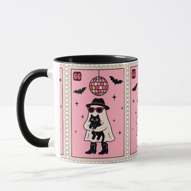 Retro Disco Ghost with Black Cat Halloween Stamp Mug (Left)