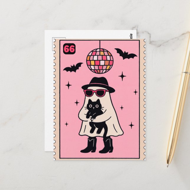 Retro Disco Ghost with Black Cat Halloween Stamp Postcard (Front/Back In Situ)
