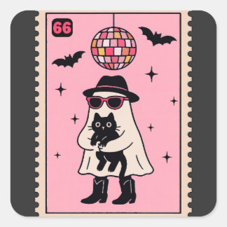 Retro Disco Ghost with Black Cat Halloween Stamp Square Sticker