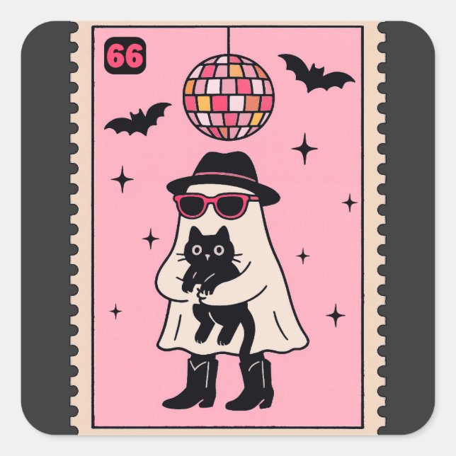Retro Disco Ghost with Black Cat Halloween Stamp Square Sticker (Front)