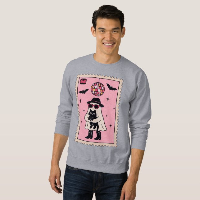 Retro Disco Ghost with Black Cat Halloween Stamp Sweatshirt (Front Full)