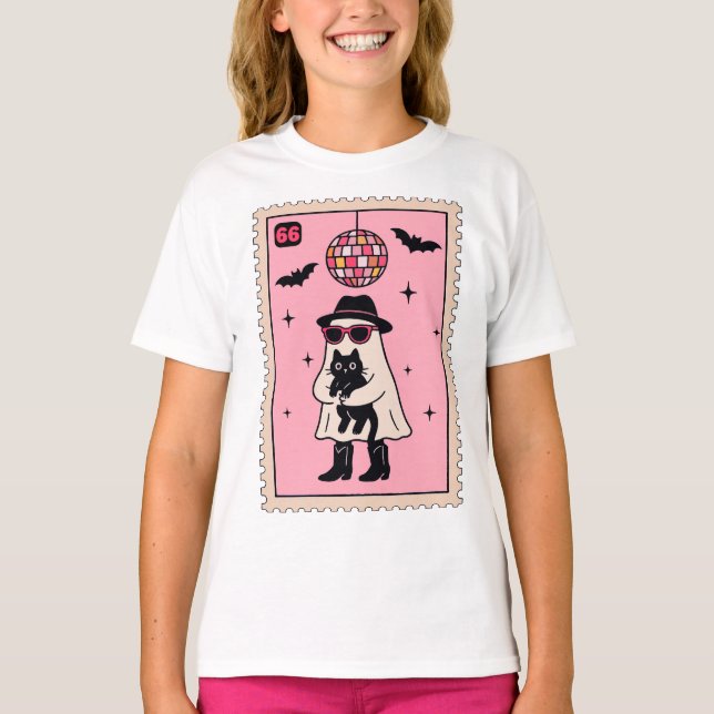Retro Disco Ghost with Black Cat Halloween Stamp T-Shirt (Front)