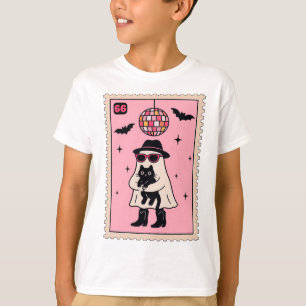 Retro Disco Ghost with Black Cat Halloween Stamp T-Shirt