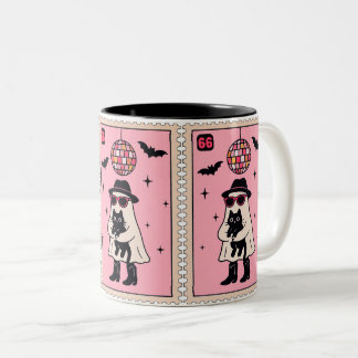 Retro Disco Ghost with Black Cat Halloween Stamp Two-Tone Coffee Mug