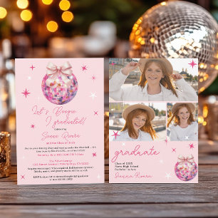 Retro Disco Pink Bow 3 photos Graduation Party Invitation
