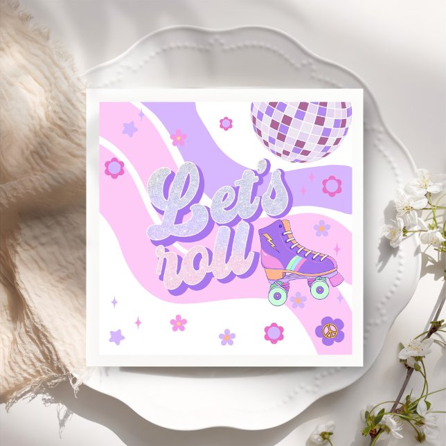 Retro Disco Roller Skate Let's Roll 1st Birthday Napkin (Creator Uploaded)